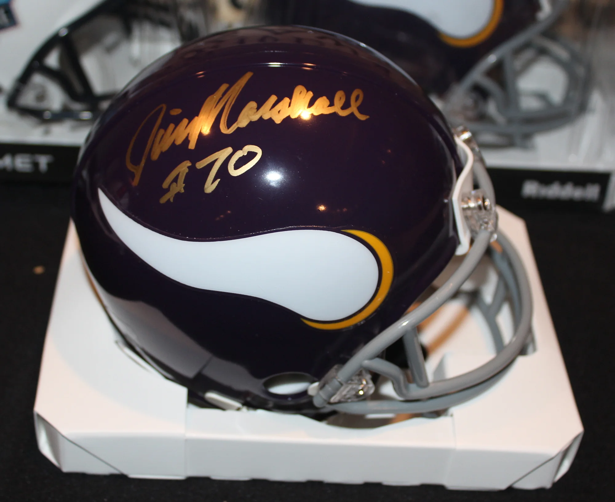 Jim Marshall Autographed Throwback Mini Helmet (Gold Pen)