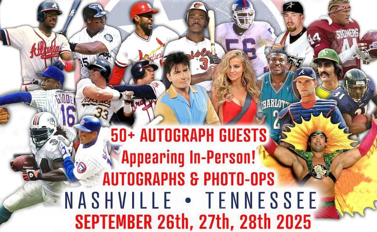 Music City Sports Card Show | CHARLIE SHEEN, CARMEN ELECTRA, REGGIE JACKSON, MARK GRACE, BRIAN BOSWORTH, LAWRENCE TAYLOR, ATLANTA BRAVES GREATS, FRANK THOMAS, FRED MCGRIFF & MORE