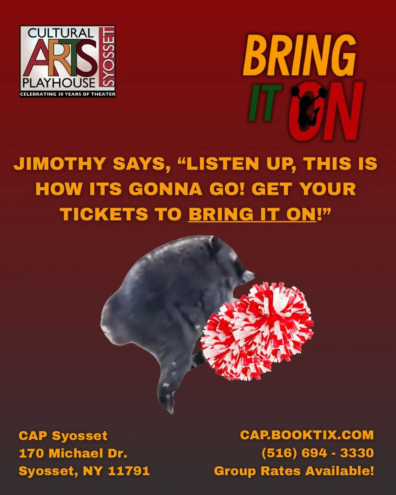 Jimothy has his cheer equipment ready, do you!? #BringItOn opens THIS SATURDAY! 

CAP.BookTix.com || (516) 694.3330 

#CAPSyosset #CAPBringItOn #Cheer #ThingsToDoLI
