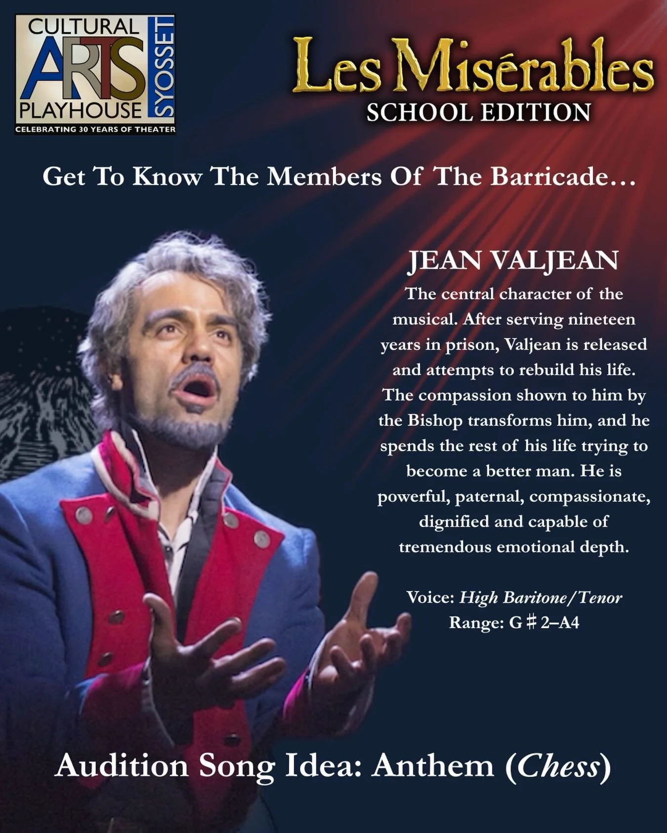 It&rsquo;s Day 1 of #MeetTheBarricade ! First up, #JeanValjean ! 

Will we see you at auditions? Let us know below! 

#CAPSyosset #CAPYPT #CAPLesMiz
