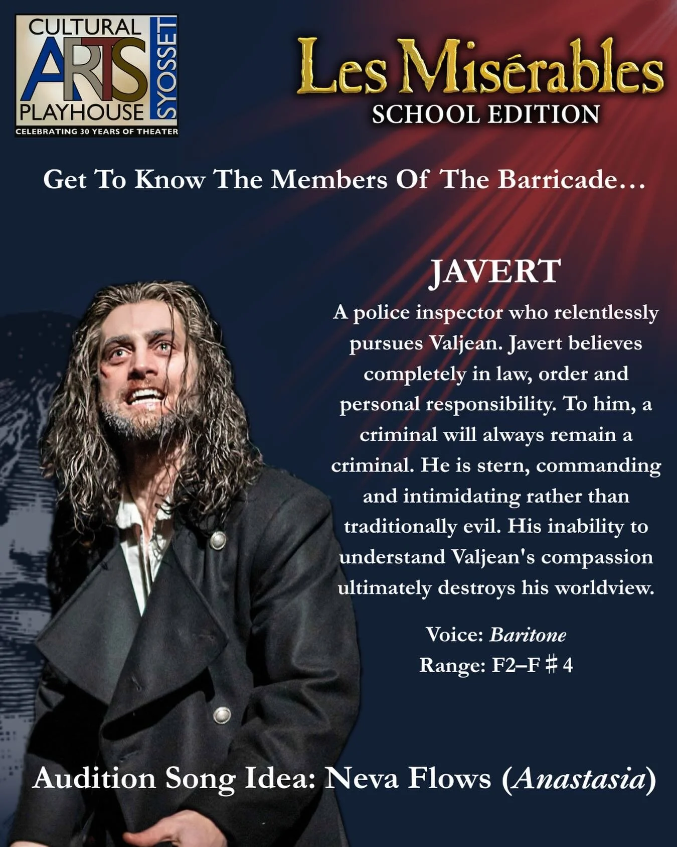 It&rsquo;s Day 2 of #MeetTheBarricade ! First up, #Javert ! 

Will we see you at auditions? Let us know below! 

#CAPSyosset #CAPYPT #CAPLesMiz