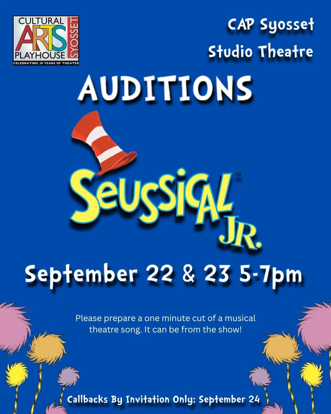 We&rsquo;re excited to announce #Auditions for SEUSSICAL JR!

We&rsquo;ll see ya next week! 

Get ready for an all new production of SEUSSICAL JR in our Studio Theatre.

#CAPSyosset #CAPYPT #CAPSeuss #OhTheThinksYouCanThink