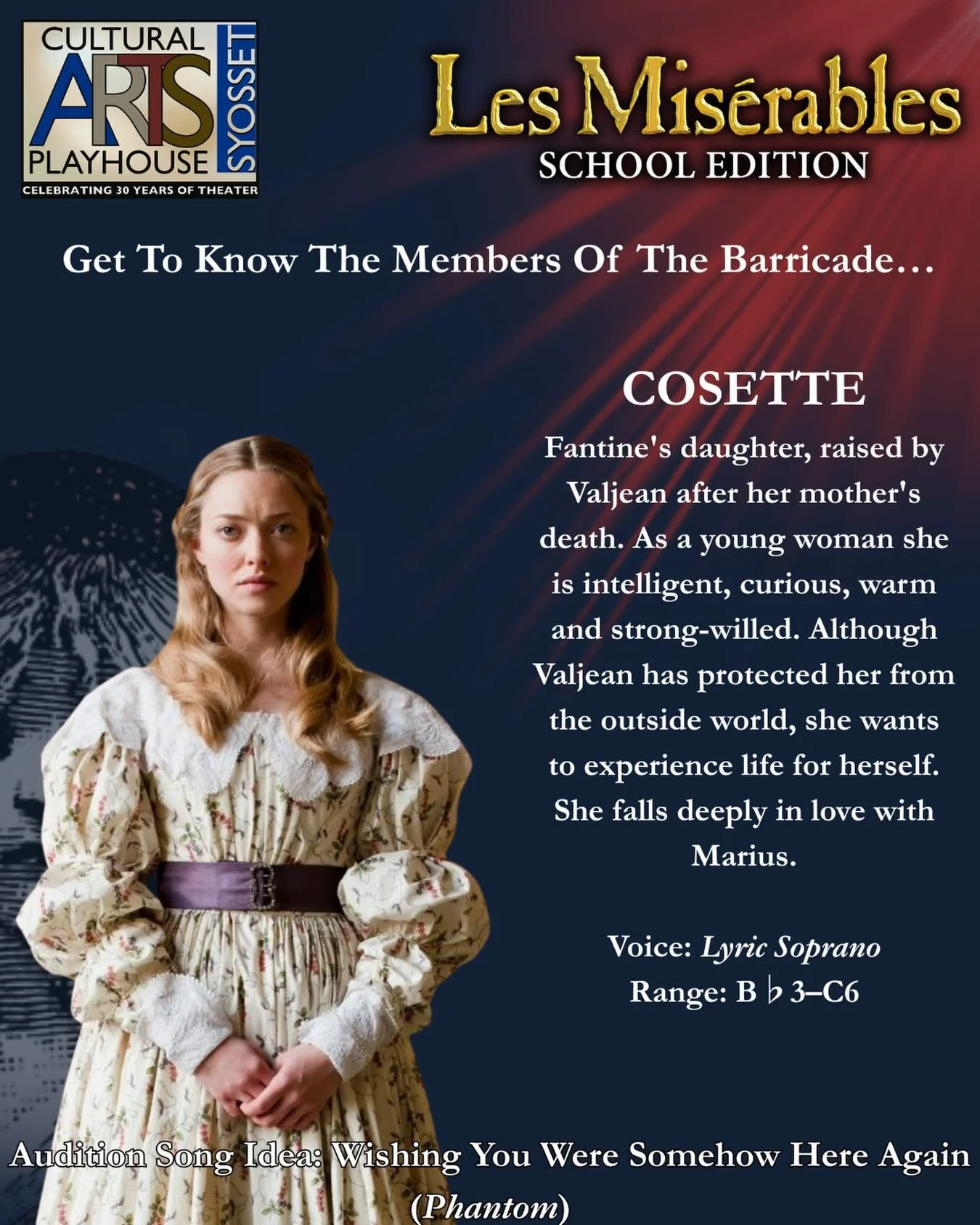 It&rsquo;s Day 4 of #MeetTheBarricade ! Next up, #Cosette ! 

Will we see you at auditions? Let us know below! 

#CAPSyosset #CAPYPT #CAPLesMiz