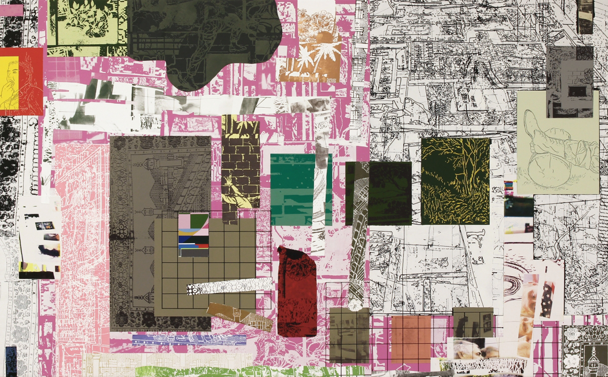 Table Top Still Life (Residuum 3), 2018 Acrylic and silkscreen ink on canvas 77 x 47 inches