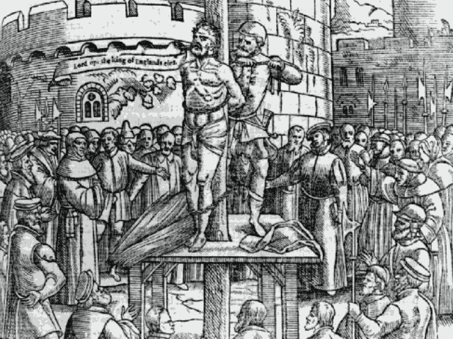 William Tyndale, being strangled before being burnt at the stake in Vilvoorde, Belgium [Public domain], via Wikimedia Commons.&nbsp;