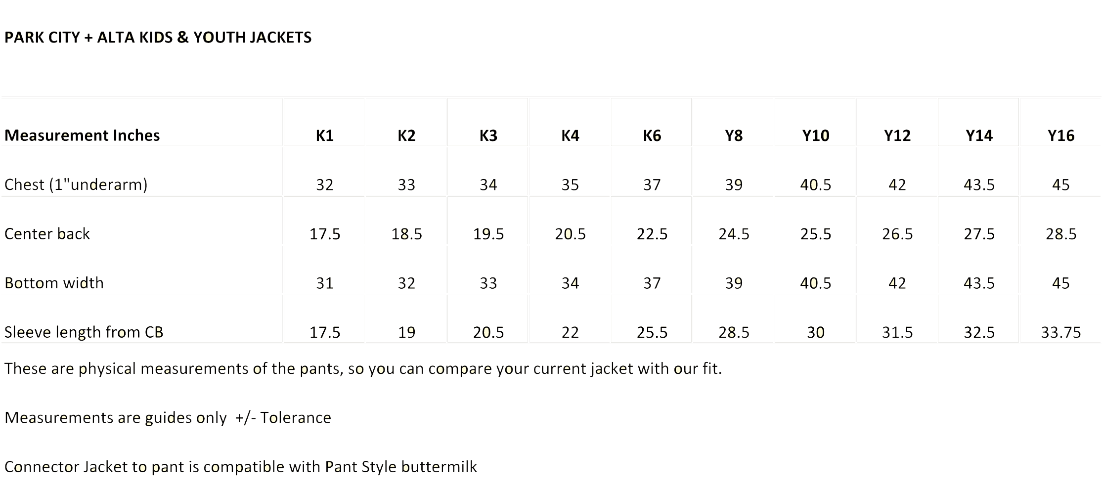 Youth Size Small Size Chart