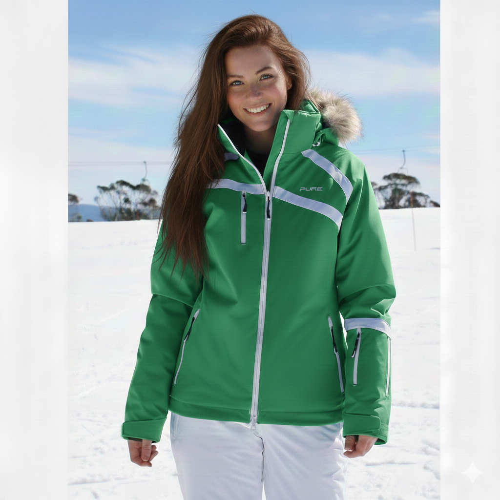SAMPLE  Pure Snow 30K Megeve Women's Insulated Jacket Faux Fur- Island Green