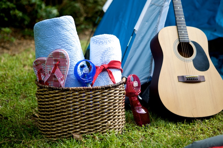 Quilts, blankets, sleeping bags, plus other camping equipment like these inexpensive pop-up tents are all you need for a backyard camping party.