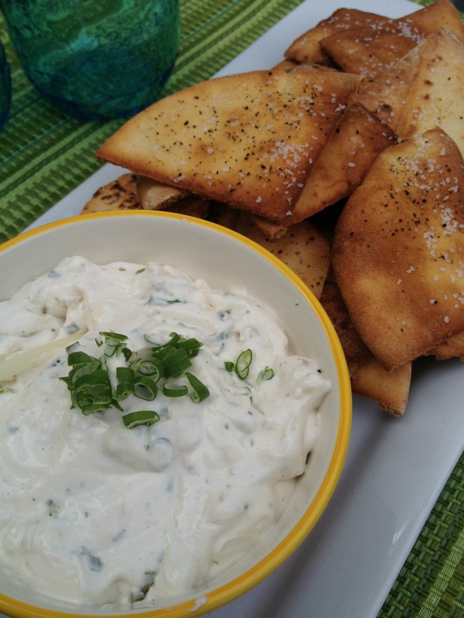 three onion dip with pita chips