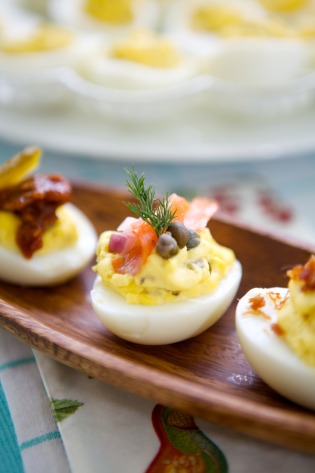 Deviled Eggs with toppings for a party