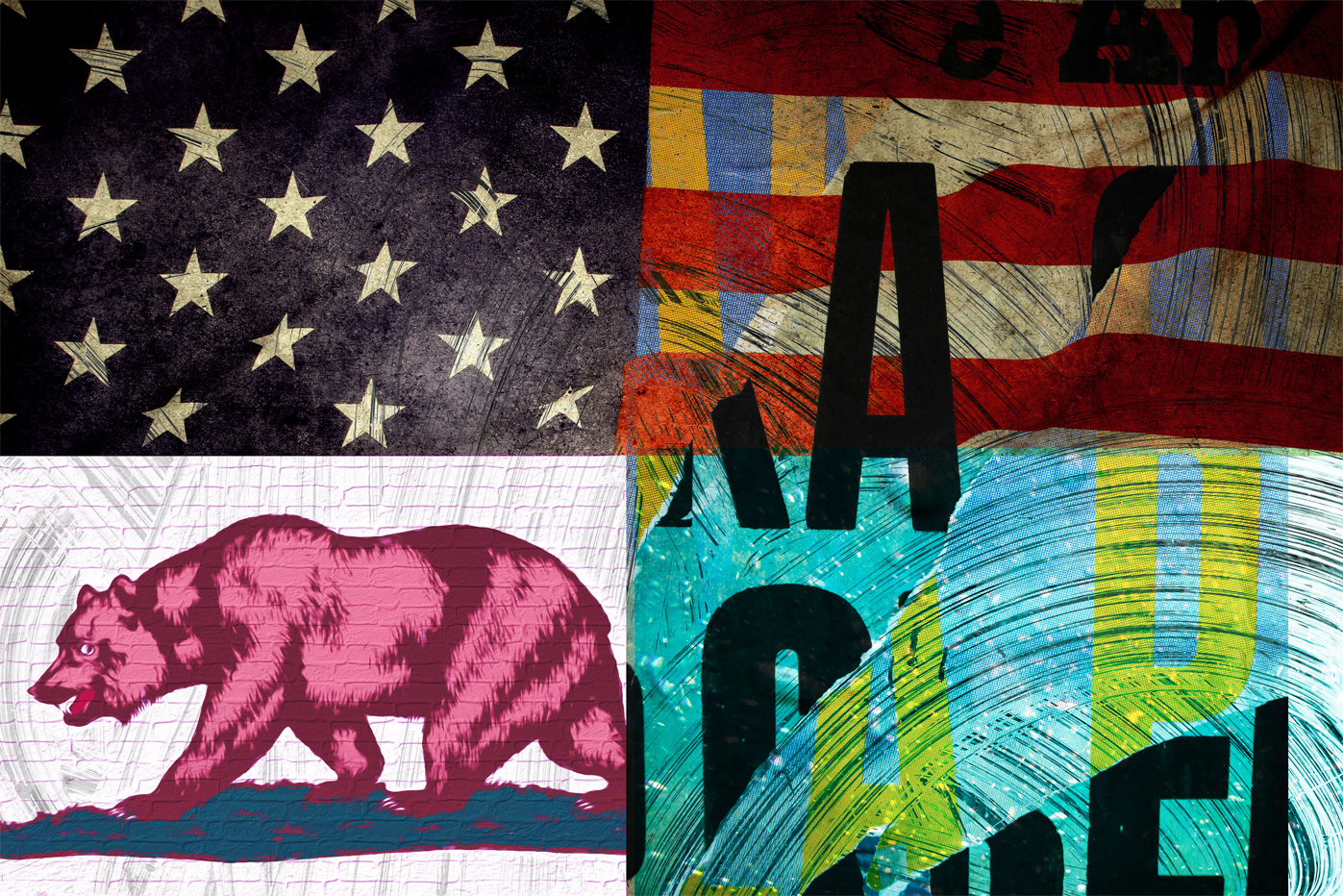 CALI-CATION, PATTERN The CALI-CATION design started when I was inspired to combine the California beach scene of textures and combine them with our nations flag. I pulled these textures from underwater images my friends and I shot as well as huge brush strokes I created in photoshop. The pop of color combinations work very well on apparel as they give the feeling of being in California on a summer day.