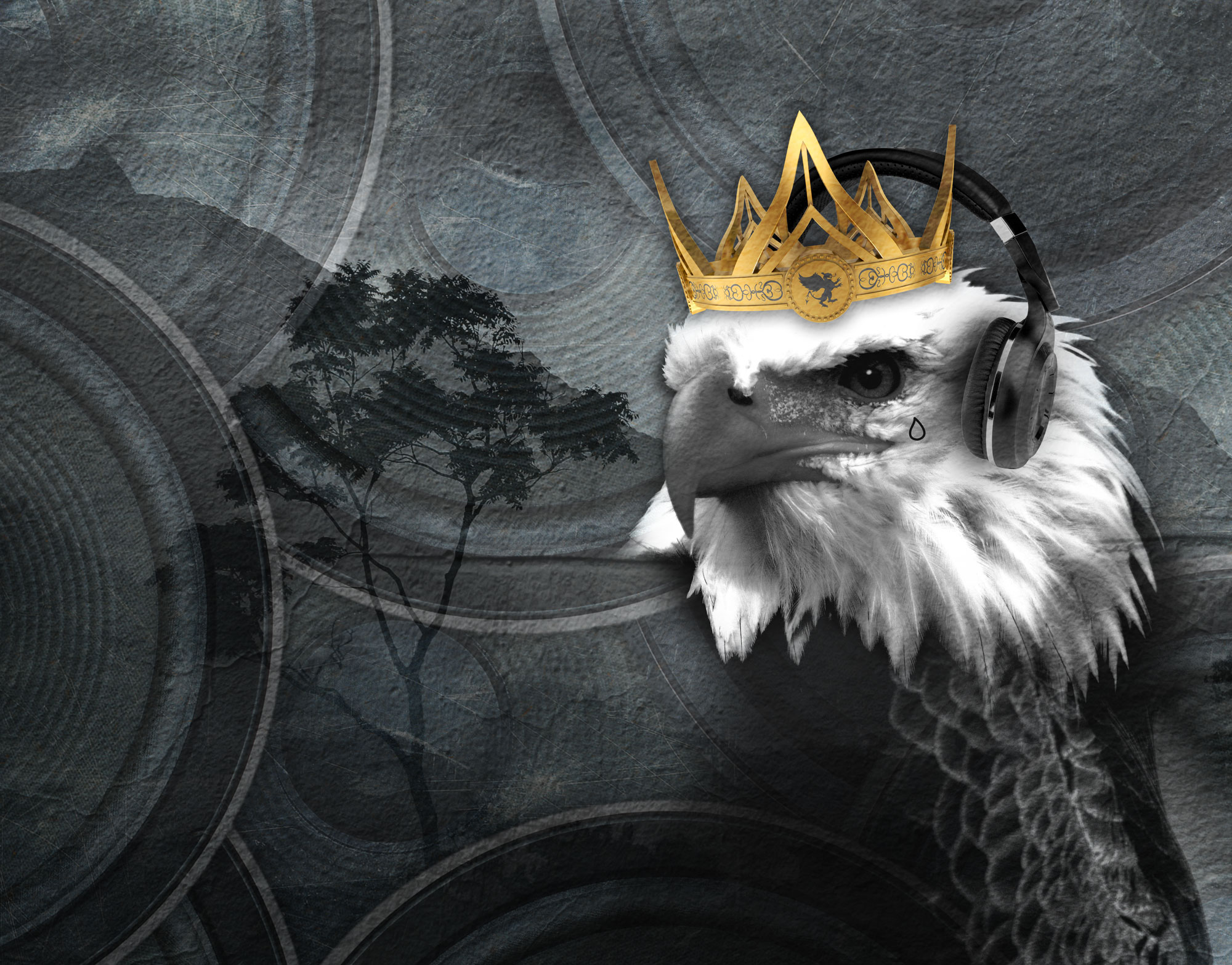 ANIMAL SOUND, INSPIRATION A passionate everyday listener and aspiring musician this design was a fun piece to put together. The enlarged eagle that is one of the most powerful birds alive is listening to music through headphones while stalking its prey in the distant tree. The crown on his head shows he’s been victorious and the tear drop tattoo shows he has lost as well.