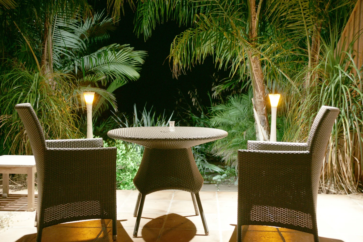 Private garden patio at dusk, table and chairs among palms and ferns