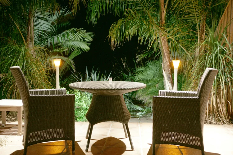 Private garden patio at dusk among palms and ferns