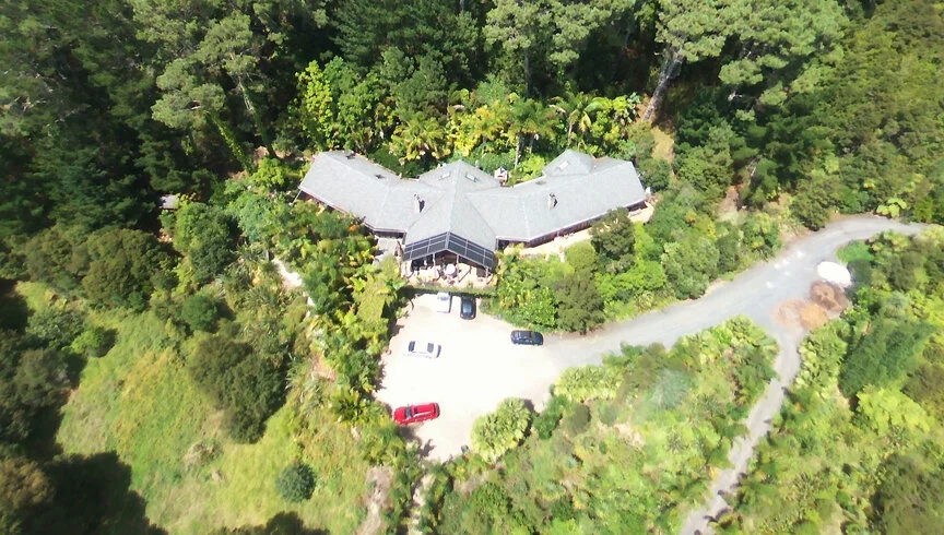 Aerial view of O'Grady Lodge surrounded by three hectares of native bush