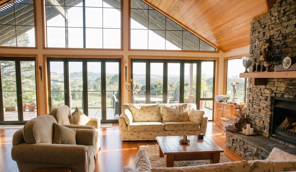 The Great Lounge: cedar gable, full-height glazing and a view over the valley