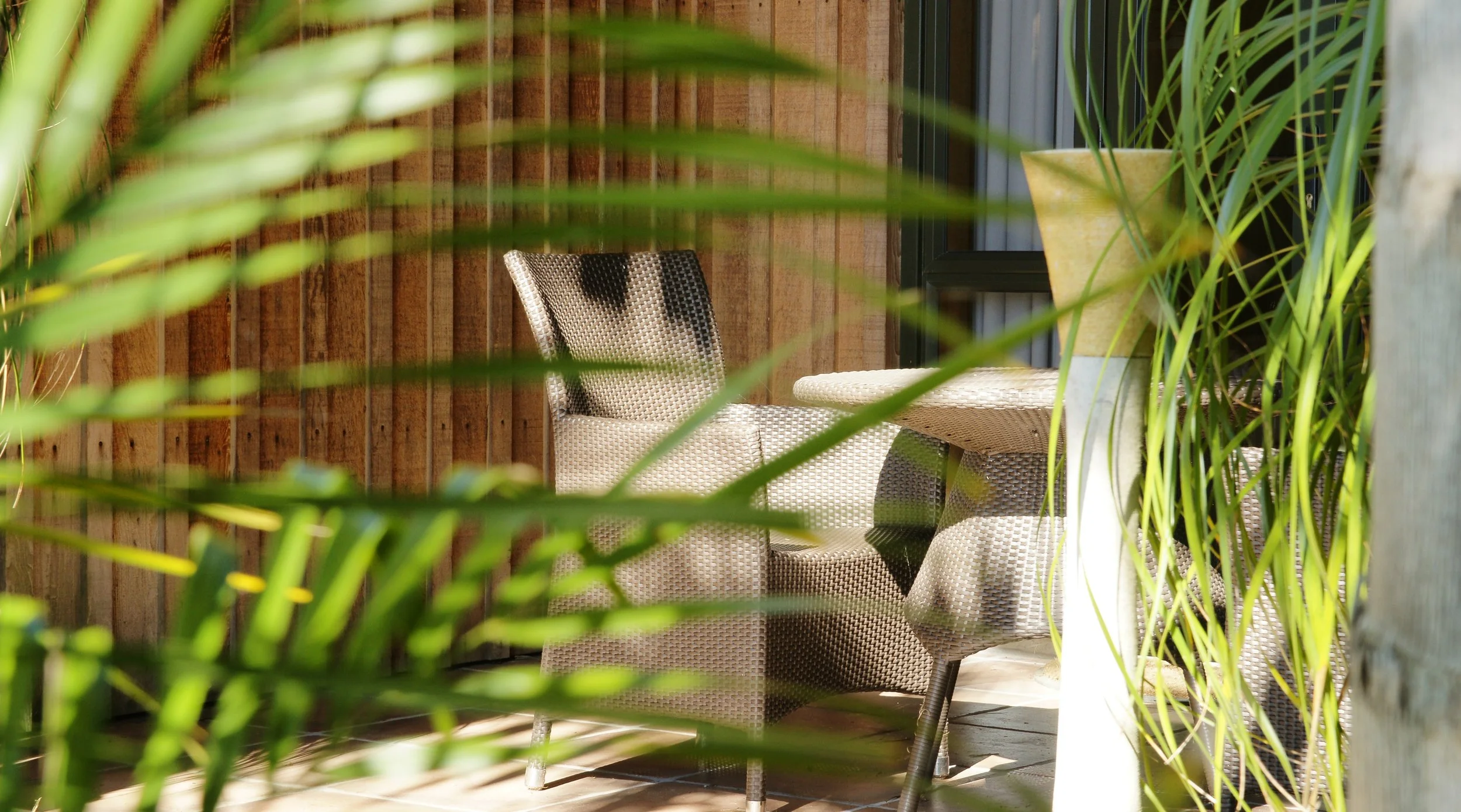 Outdoor patio setup with woven chairs around a table, partially obscured by green plants, wooden fence background, and a large yellow planter.