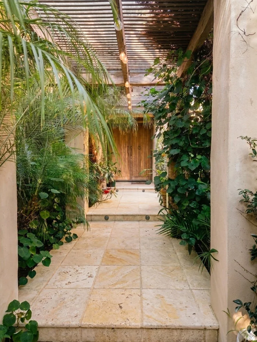 The planted entrance to the guest wing, with timber doors under a vine-covered pergola