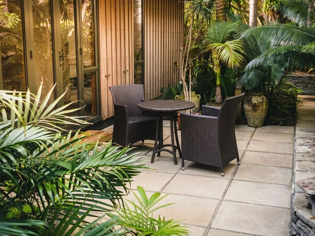 Outdoor patio area with a round table and four black woven chairs, surrounded by lush green tropical plants and large ceramic pots, adjacent to a building with wooden siding and glass doors.