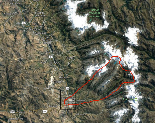 Map 2. The Quillcay River Basin is indicated with the red line. Source: Edited by the author based on Google Maps, 2017.