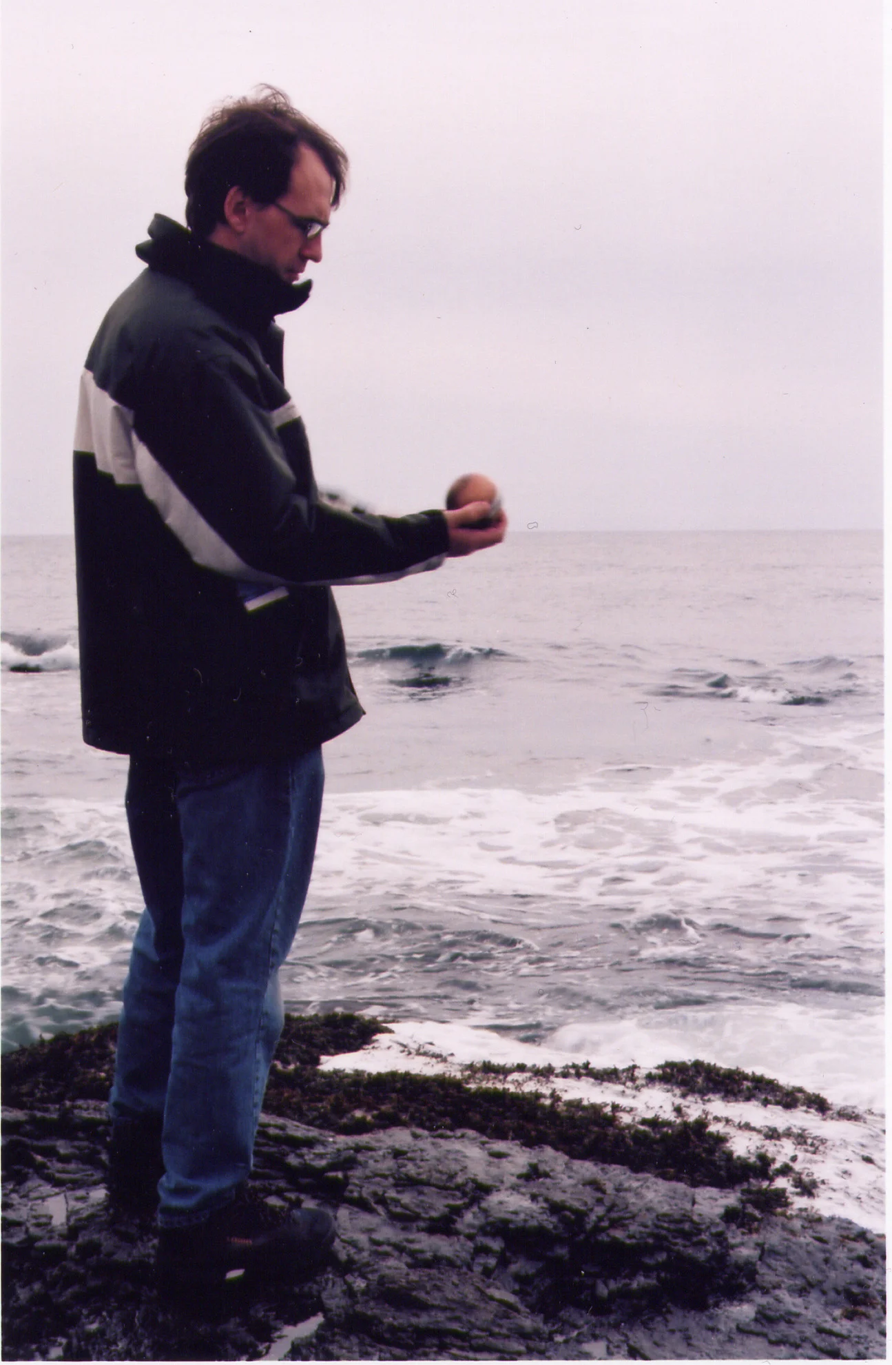 Preparing to throw sphere #3 February 15, 2001. This sphere was found in Scotland 14 months later. 