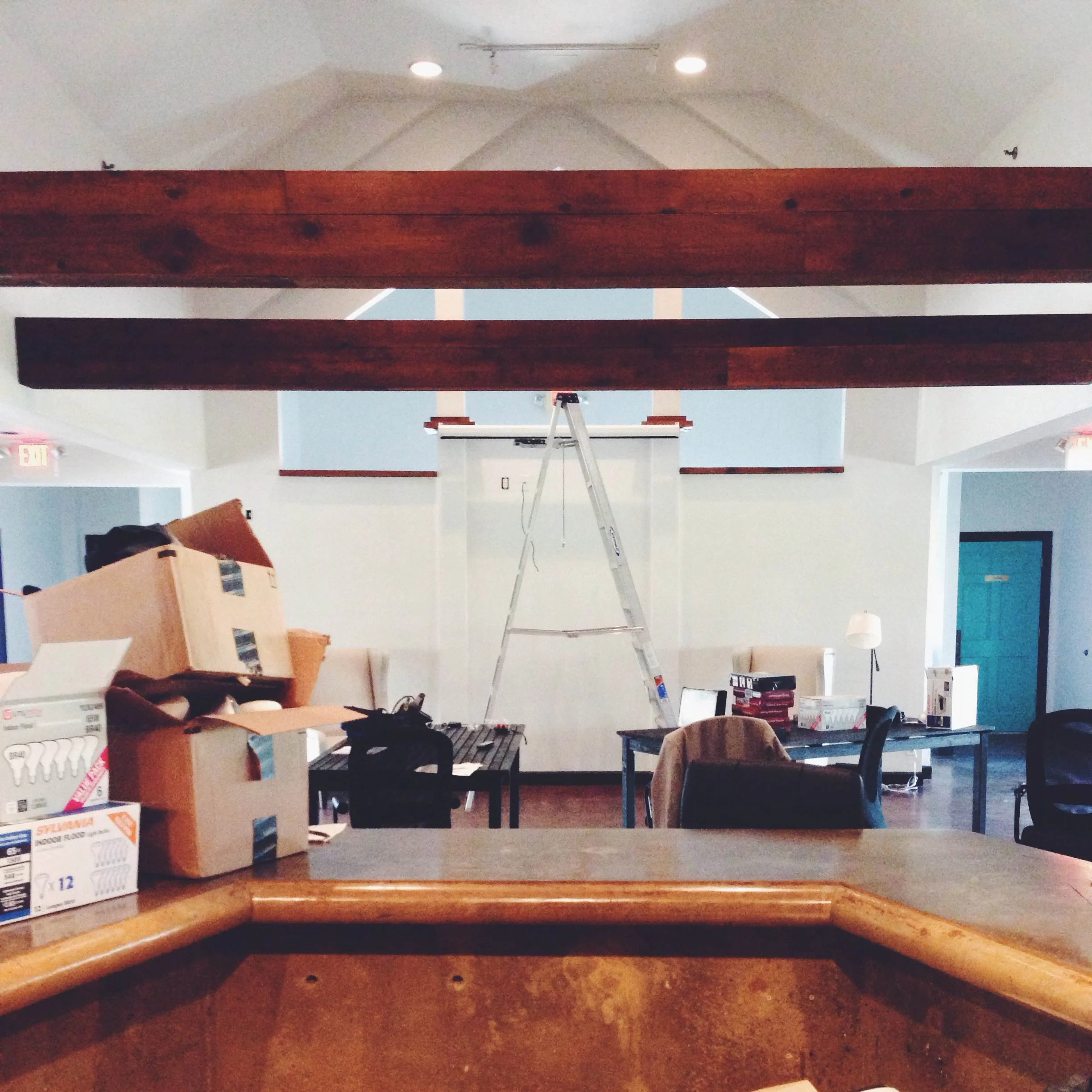 view from the coffee & more bar -- we're excited to see our custom tables for this space soon