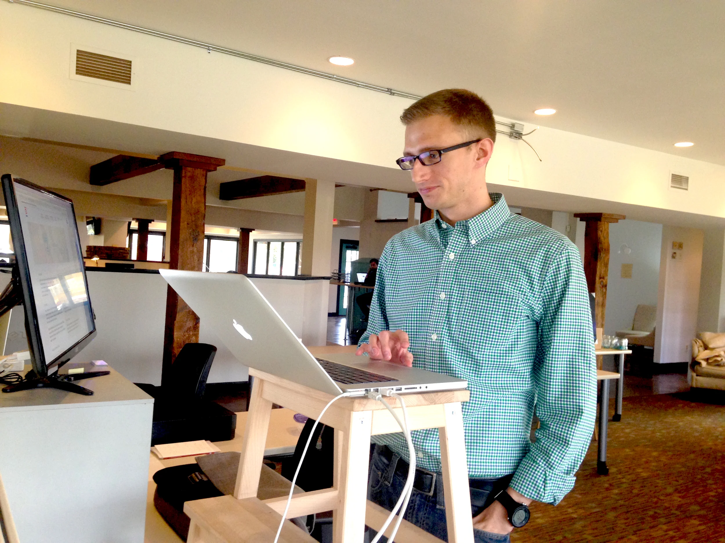 "Standing Chance", as he's known by his office mates, often bypasses the long-practiced tradition of sitting in a chair at work in favor of a more daring, orthopedic approach.