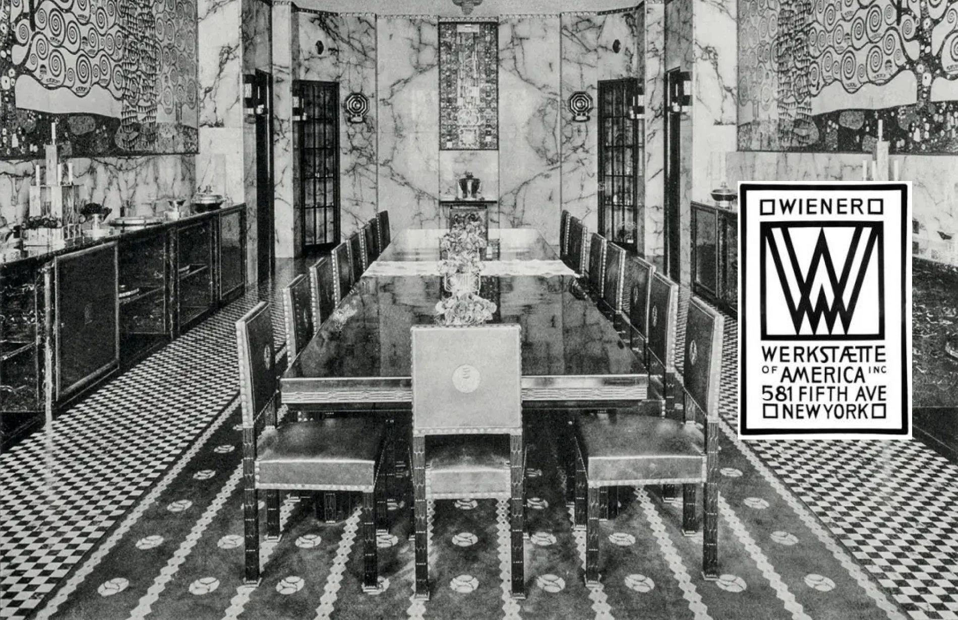 Photograph featuring Josef Hoffmann, dining room of the Stoclet Palace with the mosaic frieze by Gustav Klimt, Moderne Bauformen XIII, 1914