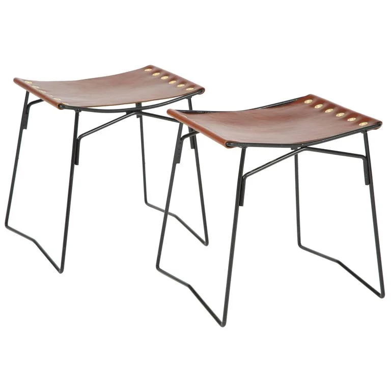 PASCAL BOYER I PAIR OF LEATHER STOOLS I MID-CENTURY MODERN FRANCE I 18" H x 18" W x 12" D I $5,810