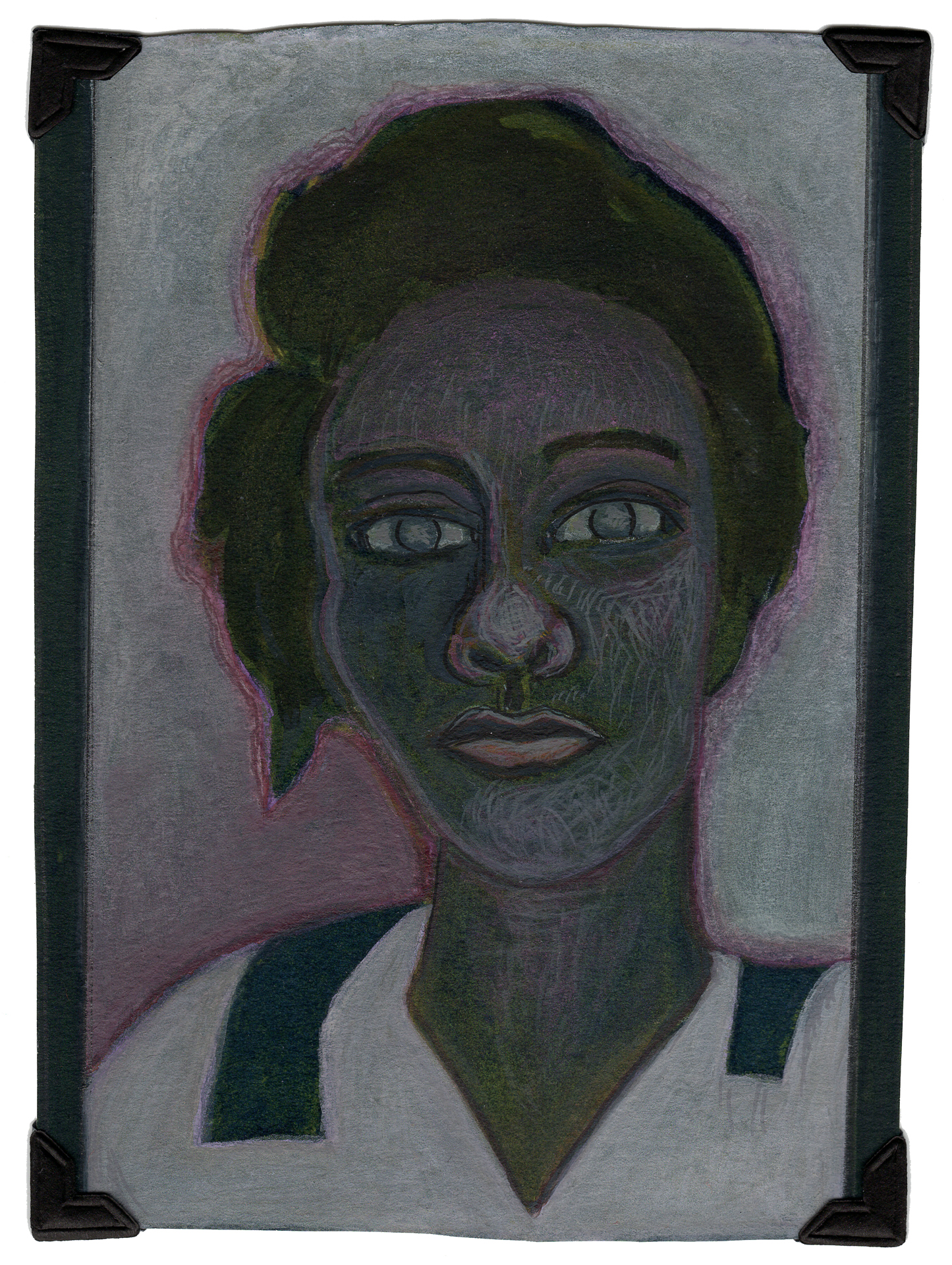 BERENICE FIVE MEDIUM: TONED CYANOTYPE overprinted with a ZIATYPE. Printed from a digital negative made from a scan of an original painting, then over painted with gouache & watercolor. SIZE: 5-5/8” (h) x 4-1/8” (w) DATE: 2013