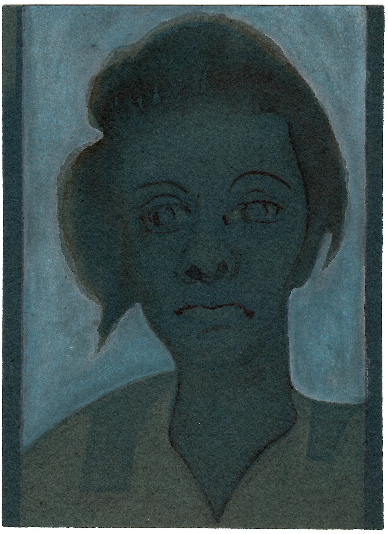 BERENICE 9 MEDIUM: TONED CYANOTYPE. Printed from a digital negative made from a scan of an original painting, then tinted with gouache & watercolor. SIZE: 5-5/8” (h) x 4-1/8” (w) Date: 2015