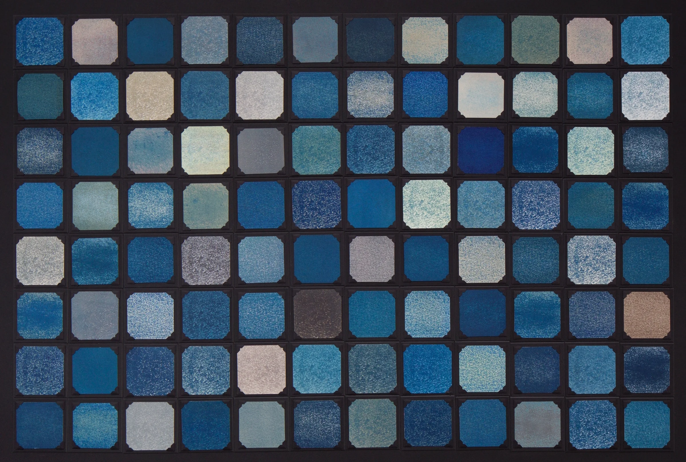 ALBUM SERIES: LAKE MEDIUM: Collection of 96 unique ziatypes, cyanotypes and gum bichromate prints. SIZE: 31” (h) x 45 ” (w) DATE: 2016