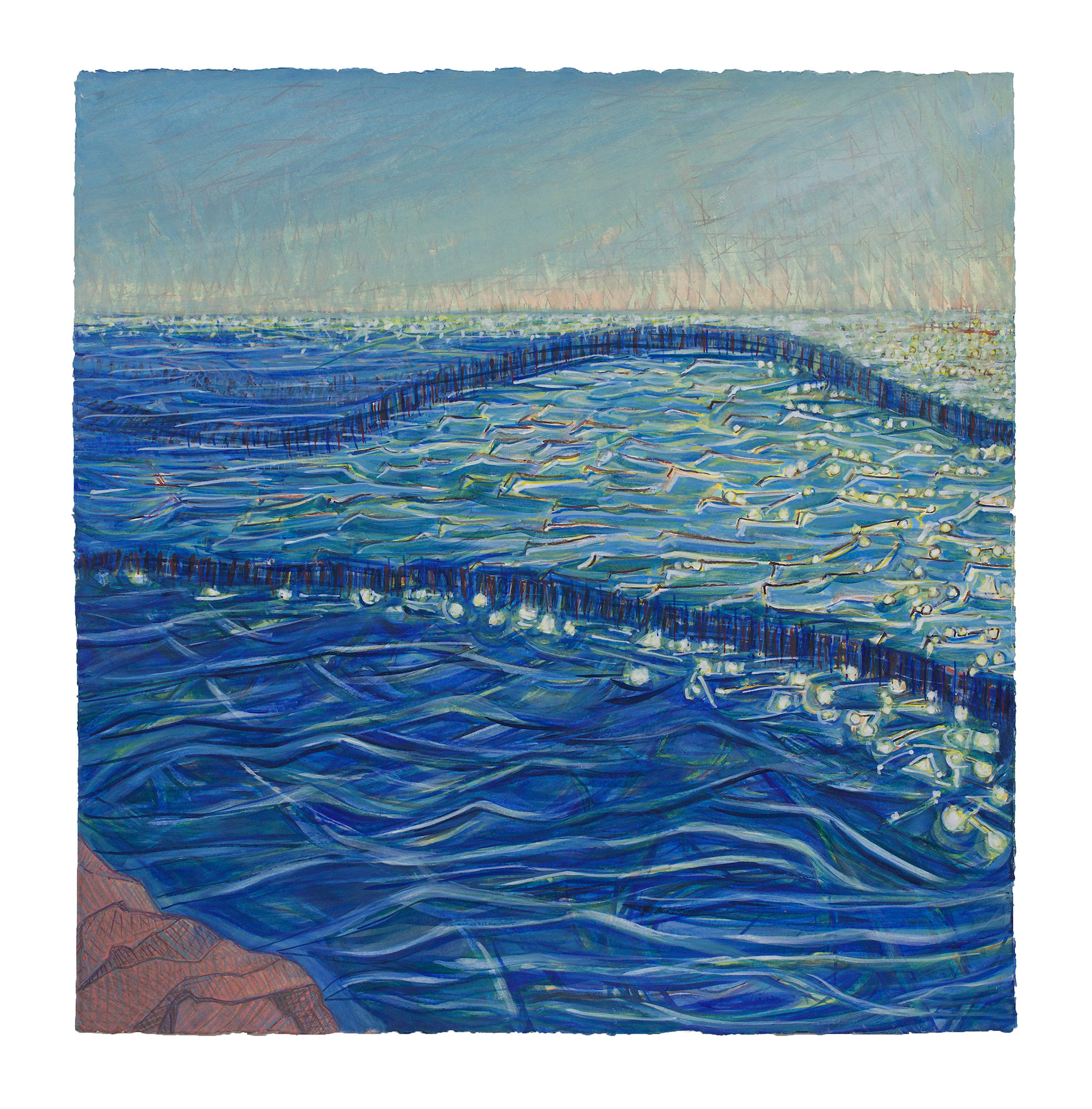 Title: OCEAN: 49 MEDIUM : Gouache & Watercolor painting on rag paper. SIZE: 23” x 23” DATE: 2017