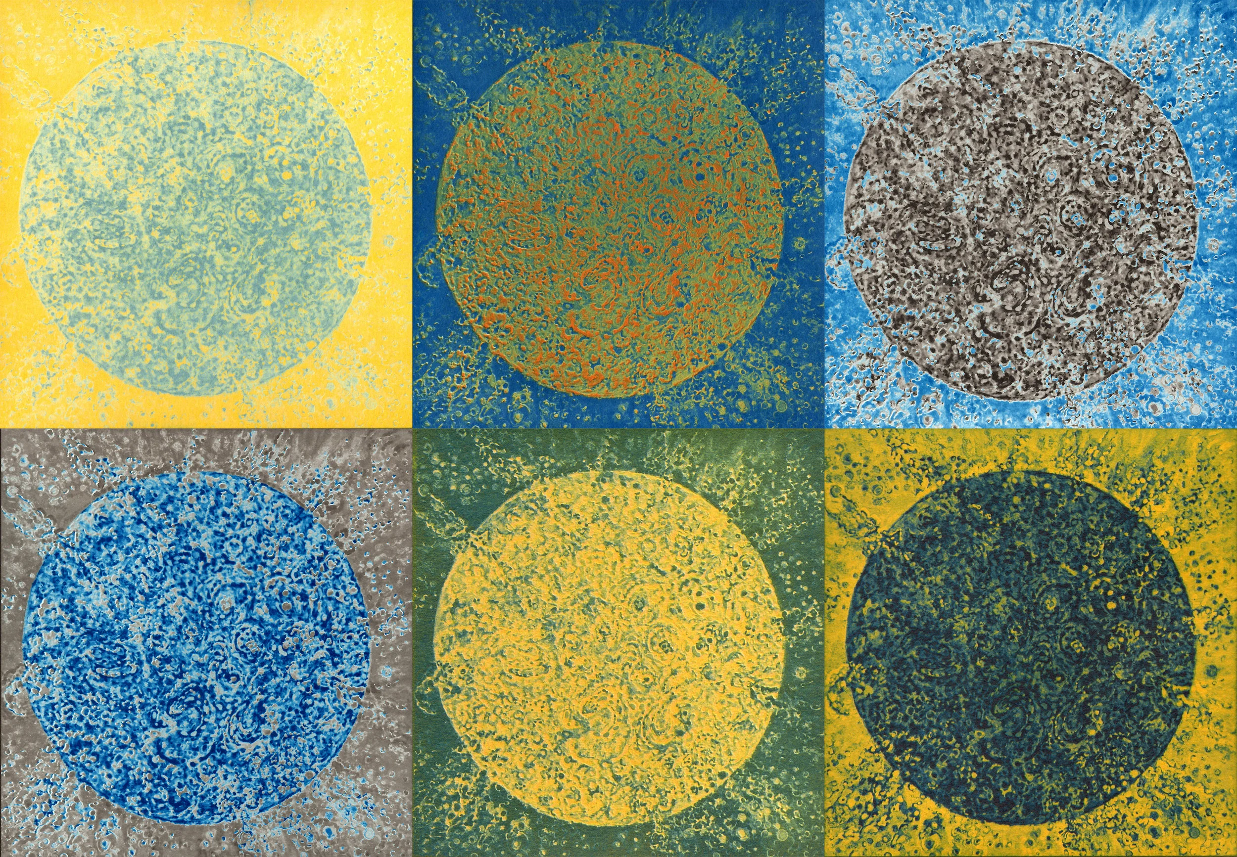 TITLE: Sun Series: Collection of six unique photographic prints. MEDIUM: Platinum Palladium overprinted with Cyan and Cyanotypes overprinted with Gum Bichromate. Overall Size: 13” H x 19.5” W DATE: 2019