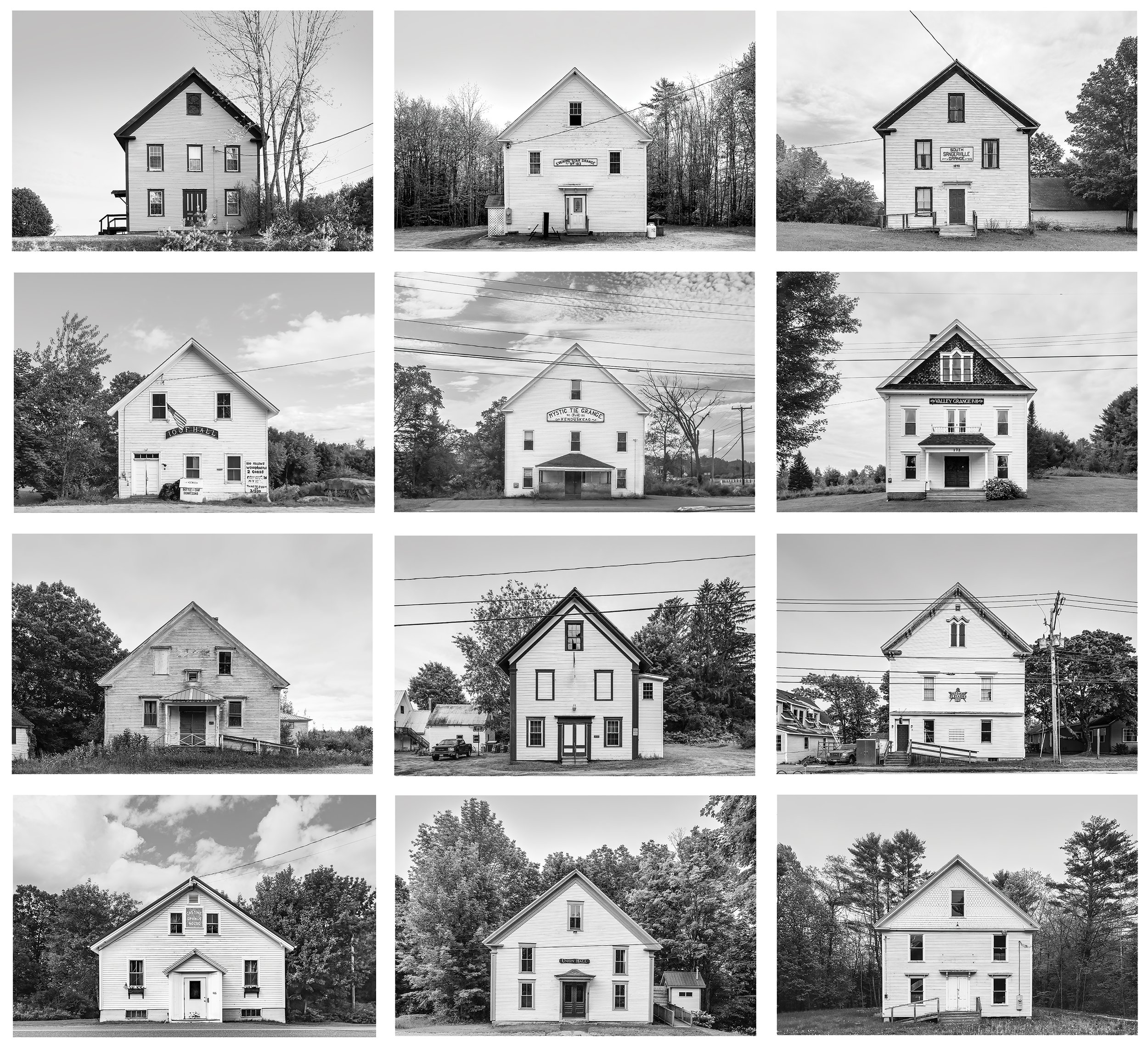 Twelve Meeting Halls: Front Views with Gabel Roofs Starting top, reading left to right: Former Arlington Grange no 528, Whitefield, ME. Evening Star Grange no 183, Washington, ME. South Sangerville Grange no 335, South Sangerville, ME. Gov. Brooks