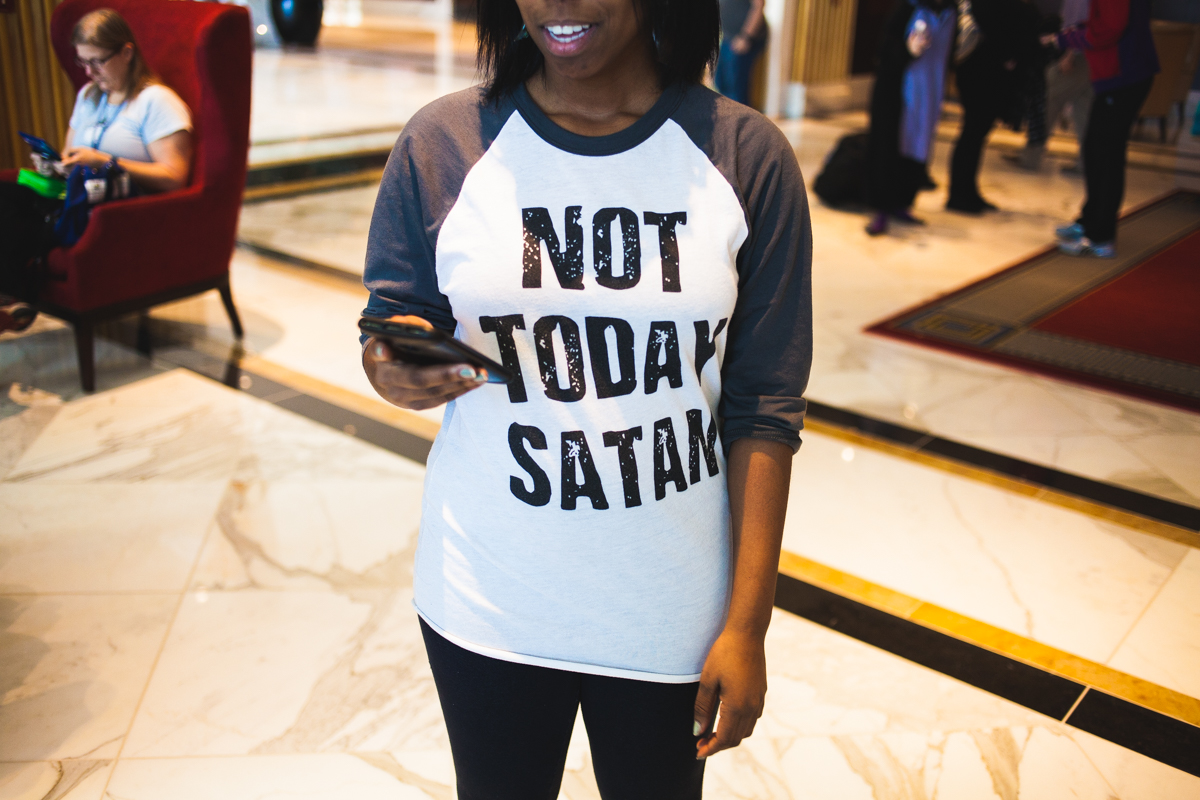 "Not Today Satan" Patrons meet in the lobby of the convention center to get their badges and go up to their hotel rooms. 