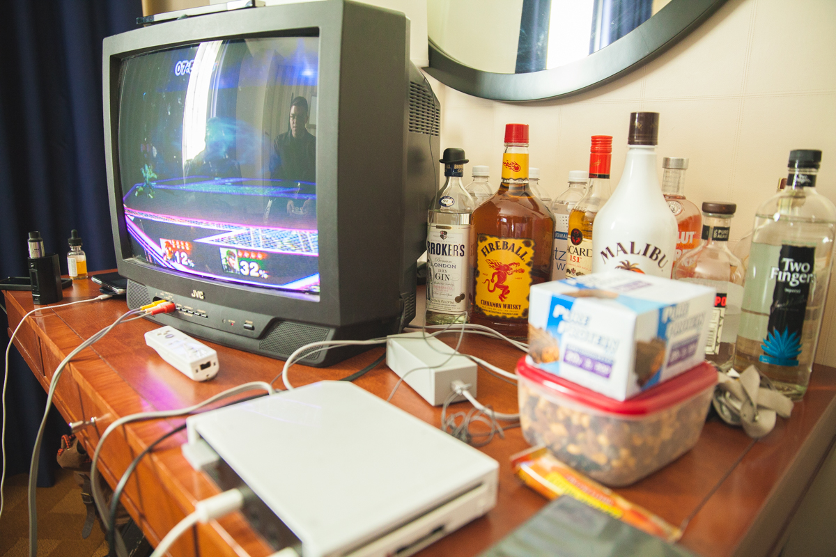 Fully stocked with games, booze, and food.