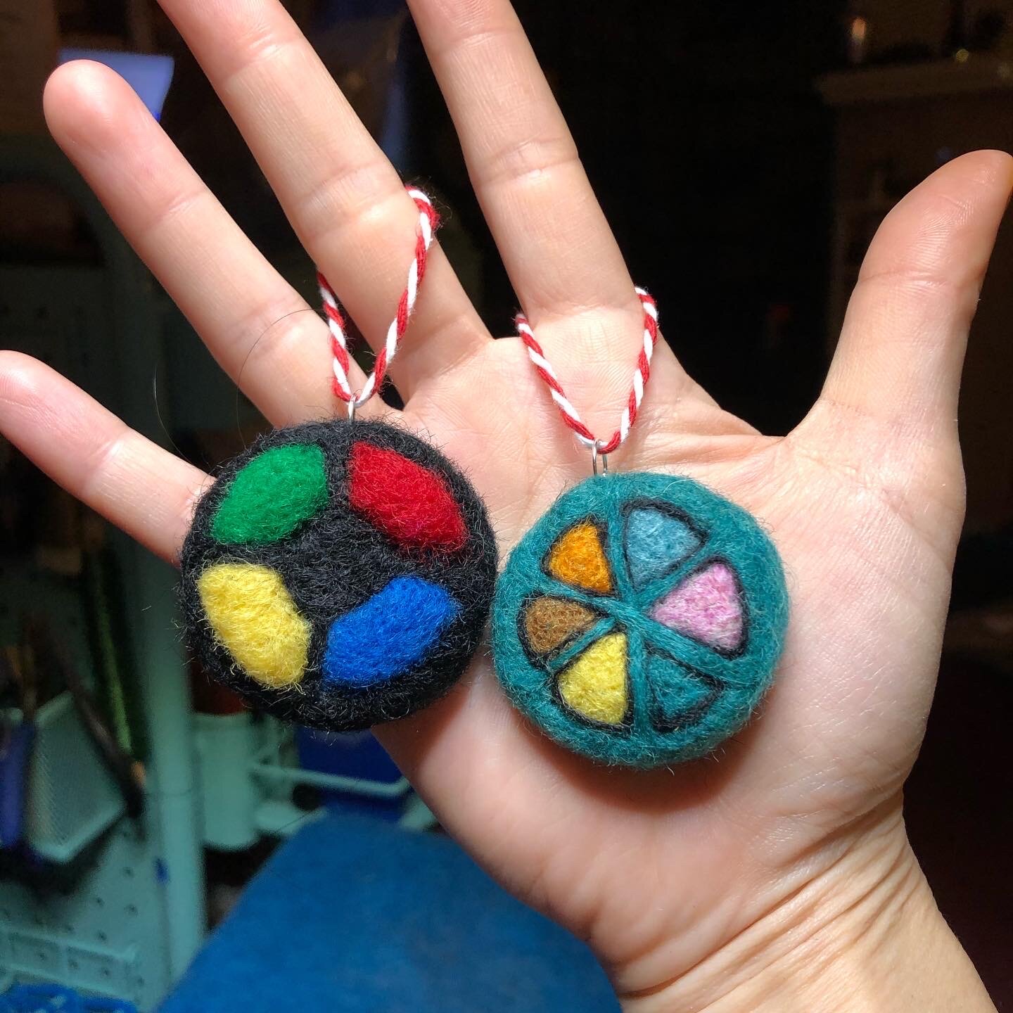 Mini felted Simon and Trivial Pursuit Ornaments
