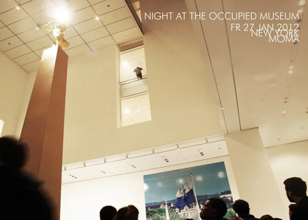 NIGHT AT THE OCCUPIED MUSEUM On Friday the 27th of January 2012, a wall went through an artist at the second floor of the New York MOMA. The same time two cleaning ladies take a peek from the last floor of the museum, an employee timidly comes closer to look at the people gathering. Two young guys in the crowd quietly try to figure out what the next day will look like.