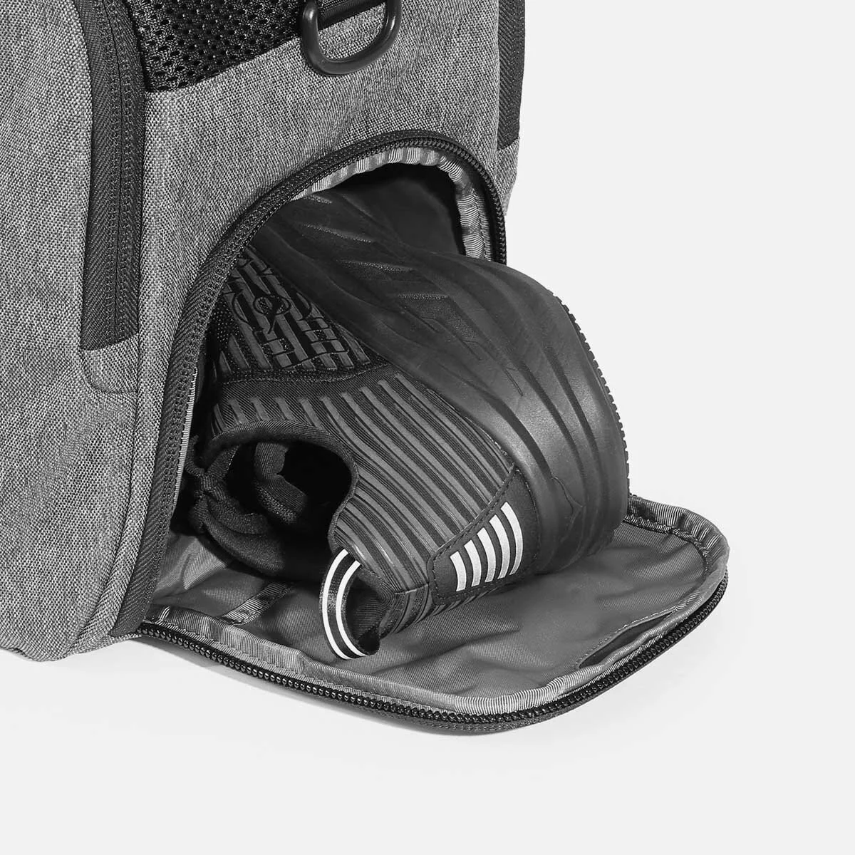 Ventilated shoe compartment with stowaway design.