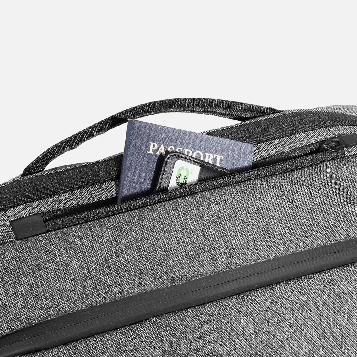 Quick-access top pocket for travel documents and small valuables.