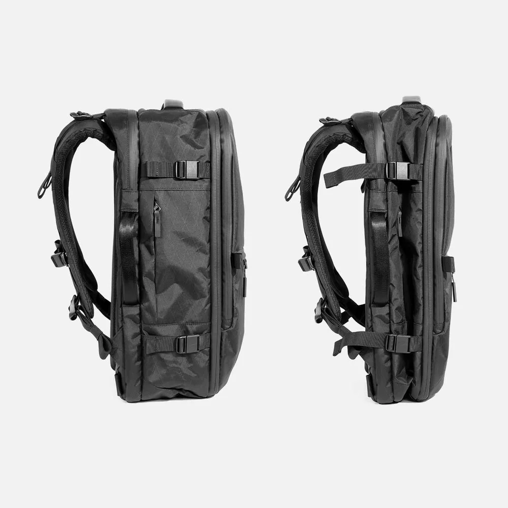 all black travel backpack Max it has two exterior water bottle pockets to keep you hydrated on the go Pakt Cero Lightweight 35L Travel