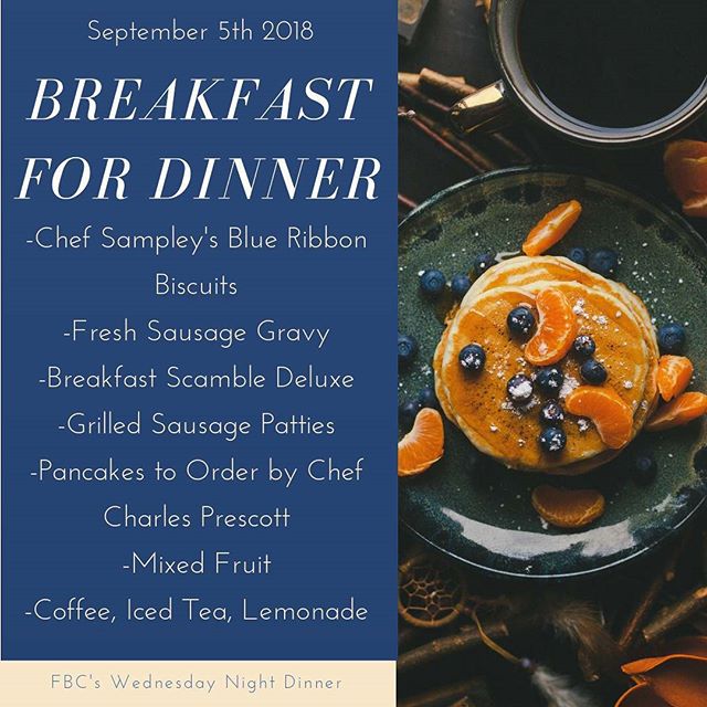 Dinner for everyone! Come eat with us!
Dinner will be served from 6:00 - 7:15 pm. $7 for ages 12-adult. $4 for ages 6-11. $2 for ages 5 and under. $20 family MAX, which covers up to 7 meals.
Please email firstshawnee@gmail.com to RSVP if you will be coming to dinner!
#fbcshawneeok #breakfastfordinner #wednesdaynightdinner