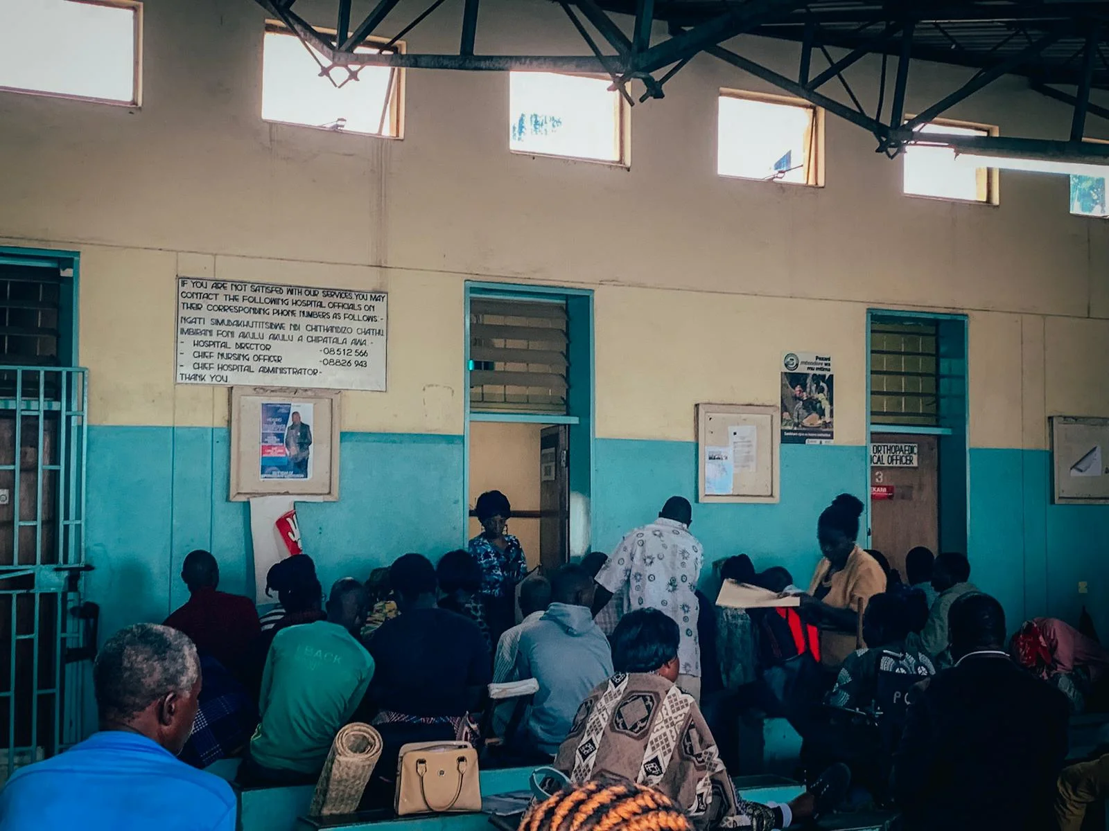 Patients waiting (many since 8am or earlier) at the Orthopedic OPD clinic at Kamuzu Central Hospital where the nurses are currently on strike