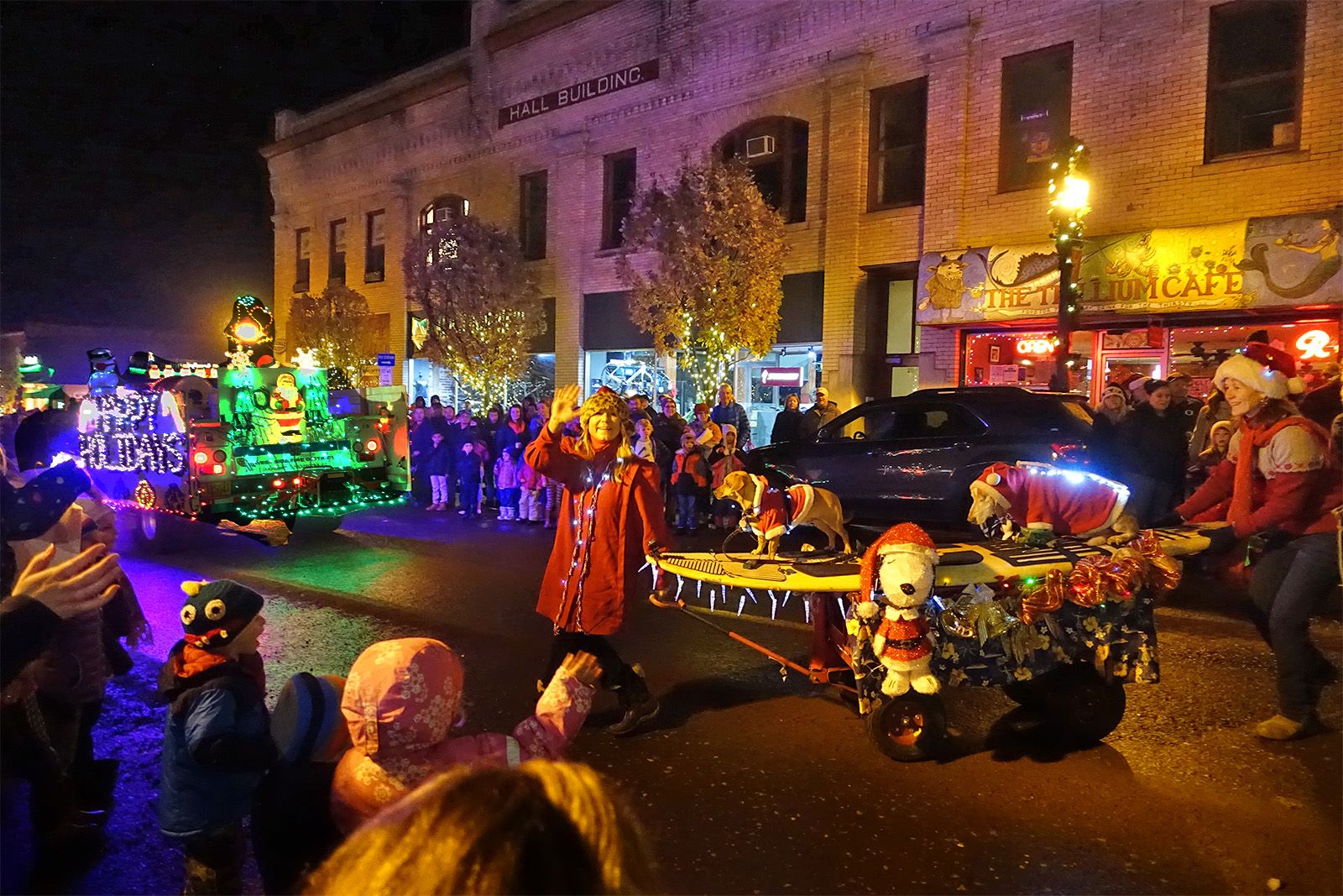 Surf Dog Diaries team hits the street at the Hood River xmas parade 2015 - photo by Tom Wilson, rad windsurf dude and photog