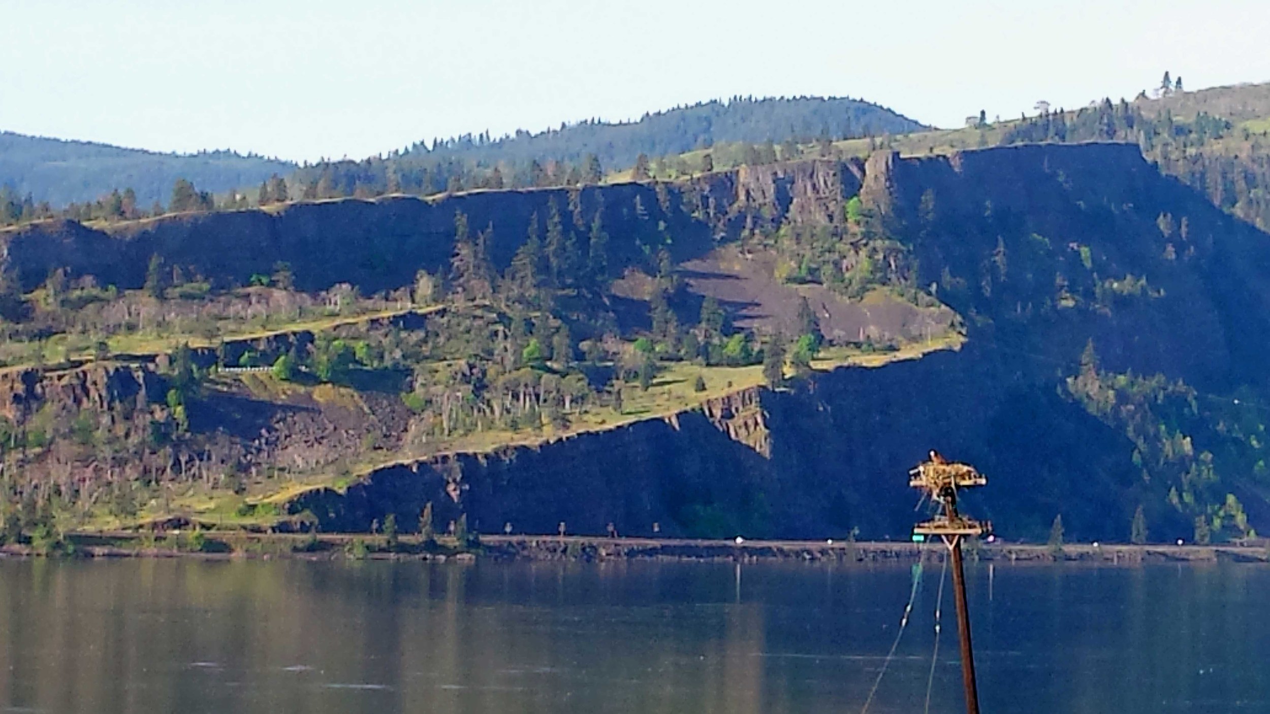 Yes, that is a REAL bald eagle nesting on top of the telephone pole there in the lower right. At 14 pounds, I am eagle bait, so I, for one, am glad that nest is in the distance. The important thing is that our own national bird lends cred to our Columbia Gorge National Scenic Area.