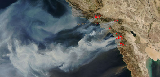 October 2007 - Witch Creek and hundreds of thousands of acress of wildfires caused the largest evacuation in San Diego history - right as we were moving to Oregon. NASA photo