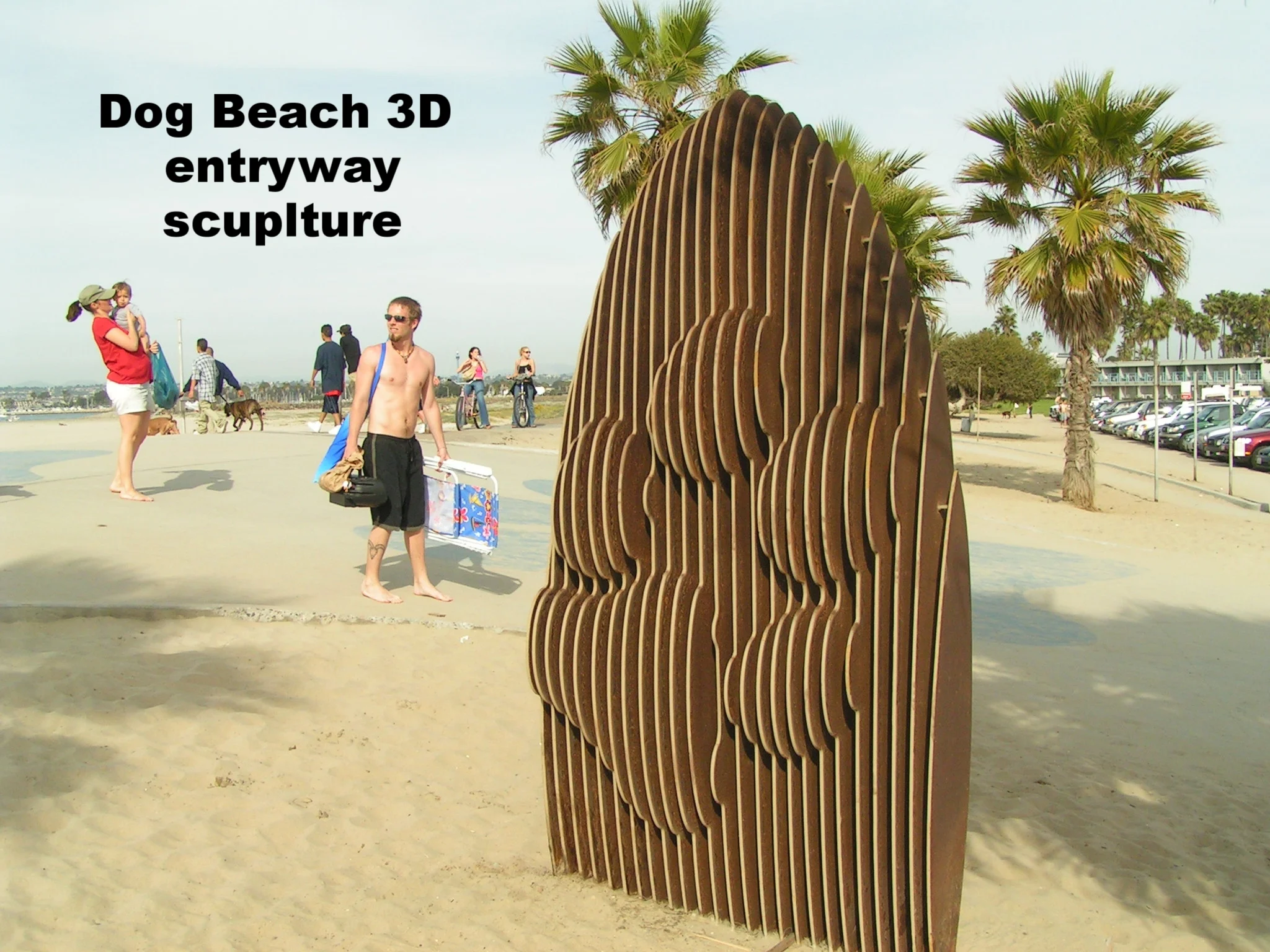 Dog Beach entryway - surfboard / dog paw print sculpture