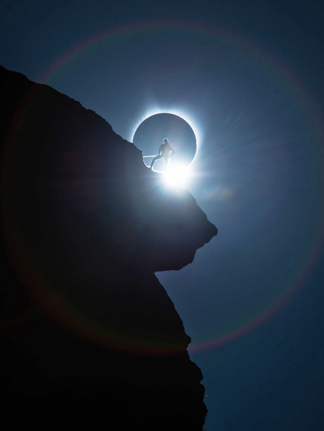 Smith Rock State Park - rock + human + sun + moon = eclipse day. Photo by Ted Hesser/Facebiook, TedHesser.com