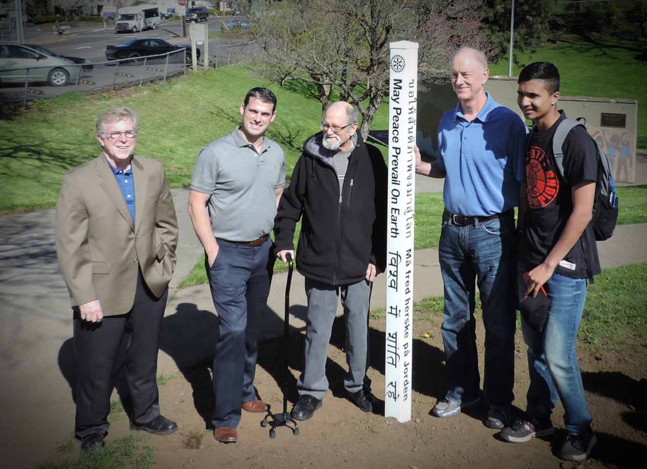 Don was an active in Hood River Lions and Rotary clubs. Here he is at this summer's installation of the Rotary Peace Pole at Jackson Park. Photo by Chelsea Marr
